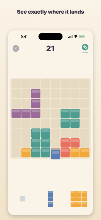 A ghost preview shows where a piece will land before you let go